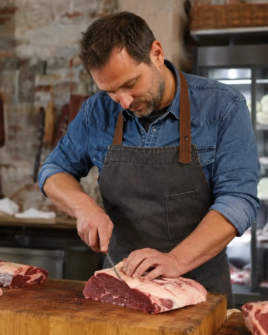 A butcher cutting meat on a wooden block