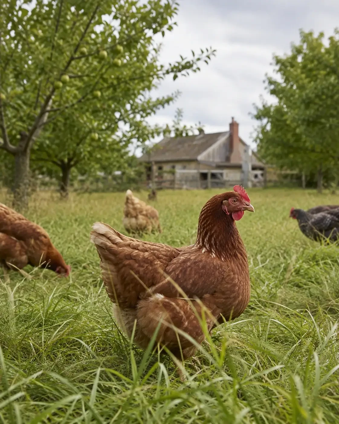 Brown hens foraging in long grass near a farmhouse