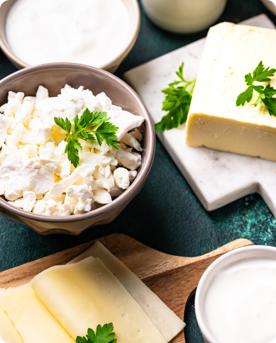 Dairy foods including cottage cheese, butter and milk