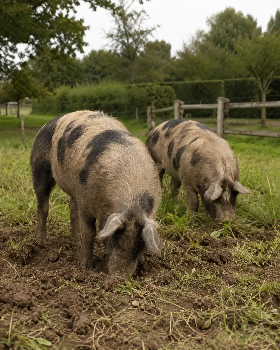 Two spotted pigs rooting in an outdoor enclosure