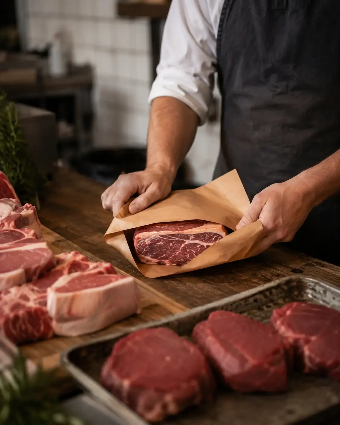 A butcher wrapping a raw steak in paper