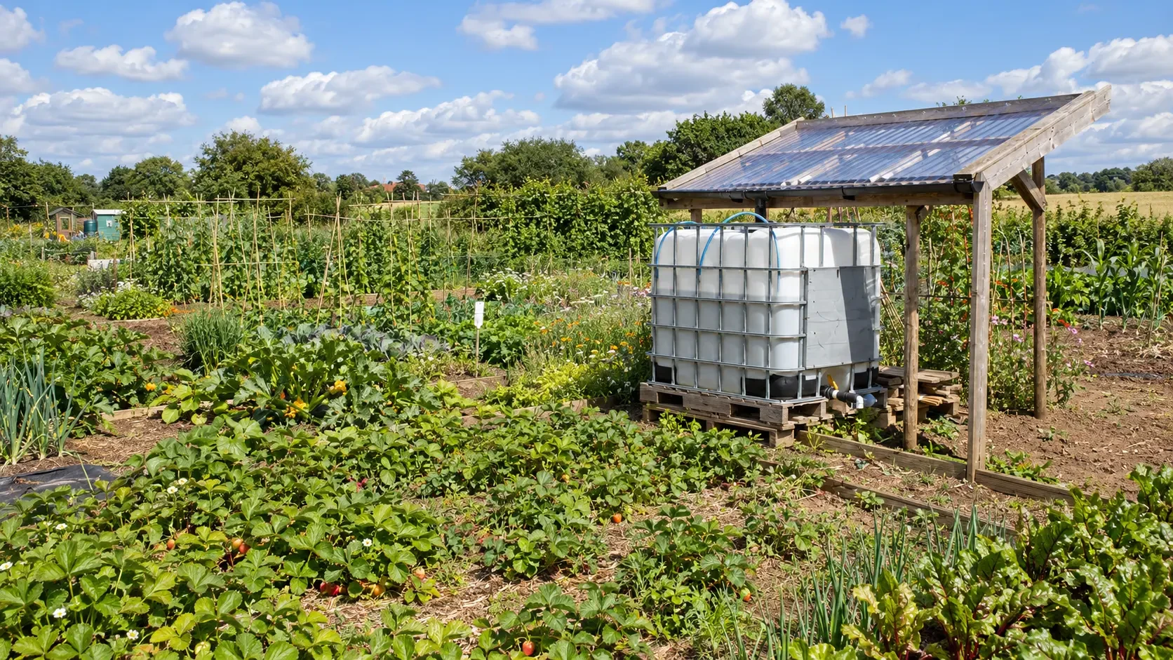 Rainwater collection tank beneath a small roof beside vegetable beds