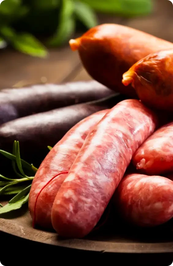 A selection of sausages on a wooden board