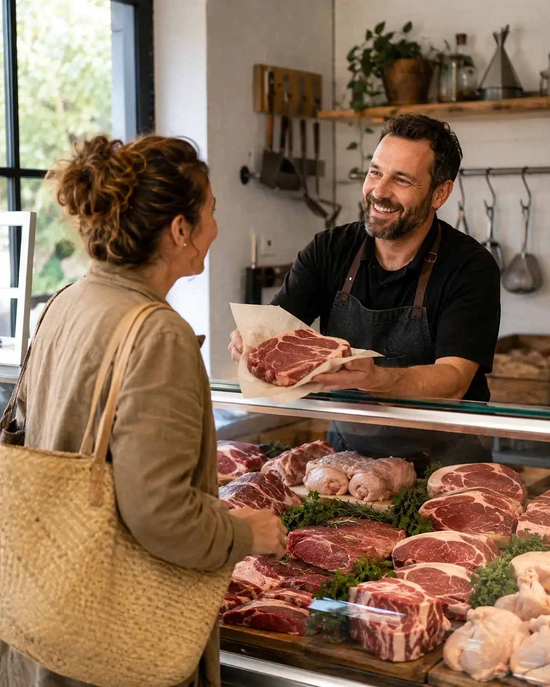 A butcher handing a wrapped purchase to a customer