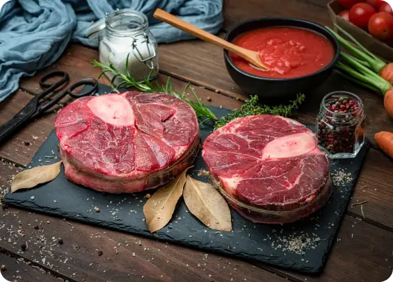 Thick bone-in cuts of raw meat beside sauce, herbs and seasoning
