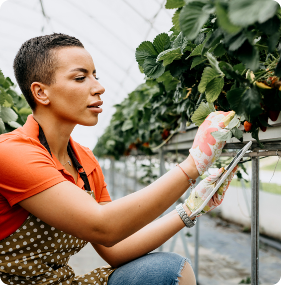 Woman tending plants in a greenhouse