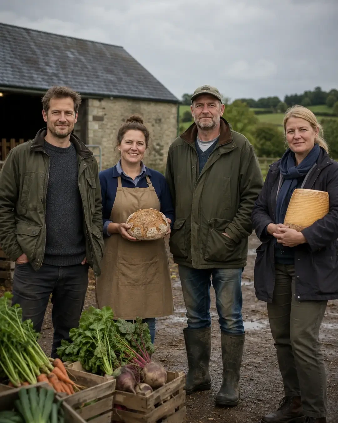 Four people standing behind vegetables outside farm buildings