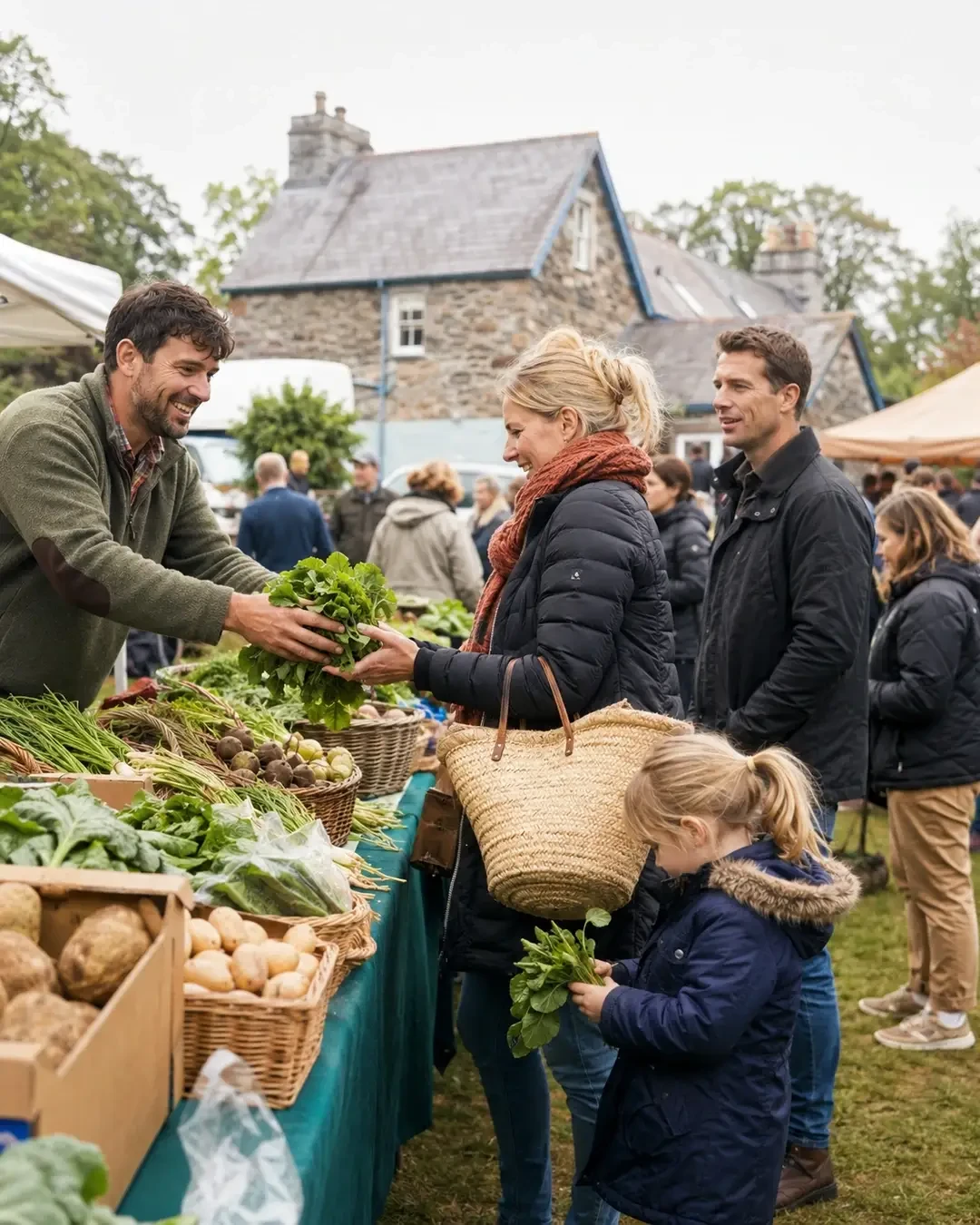 Customers choosing vegetables at an outdoor market stall