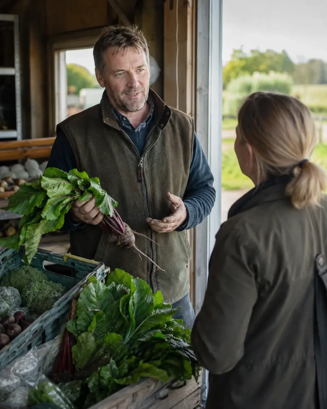 Grower talking with a customer beside fresh vegetables