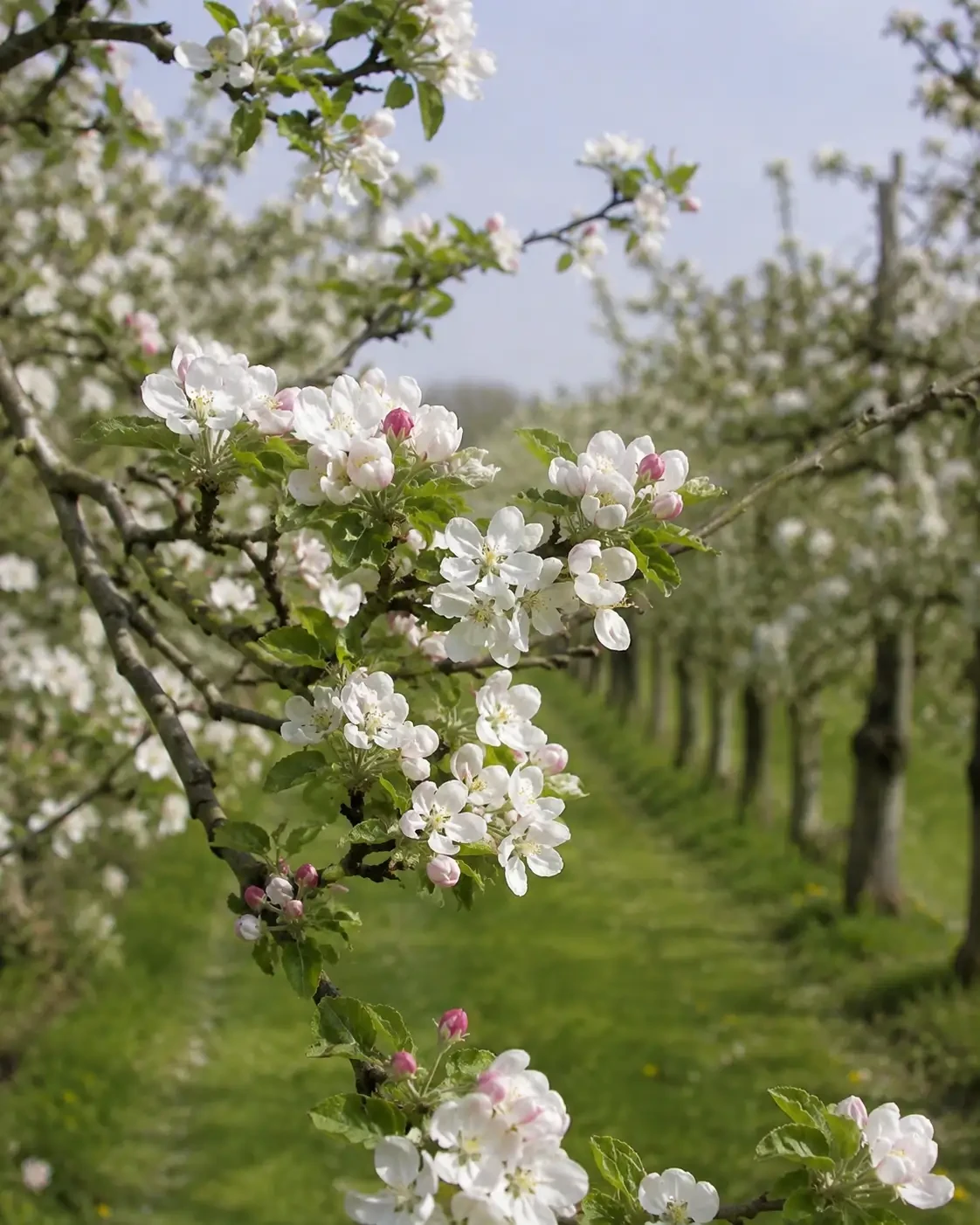 White apple blossom on a branch beside rows of orchard trees