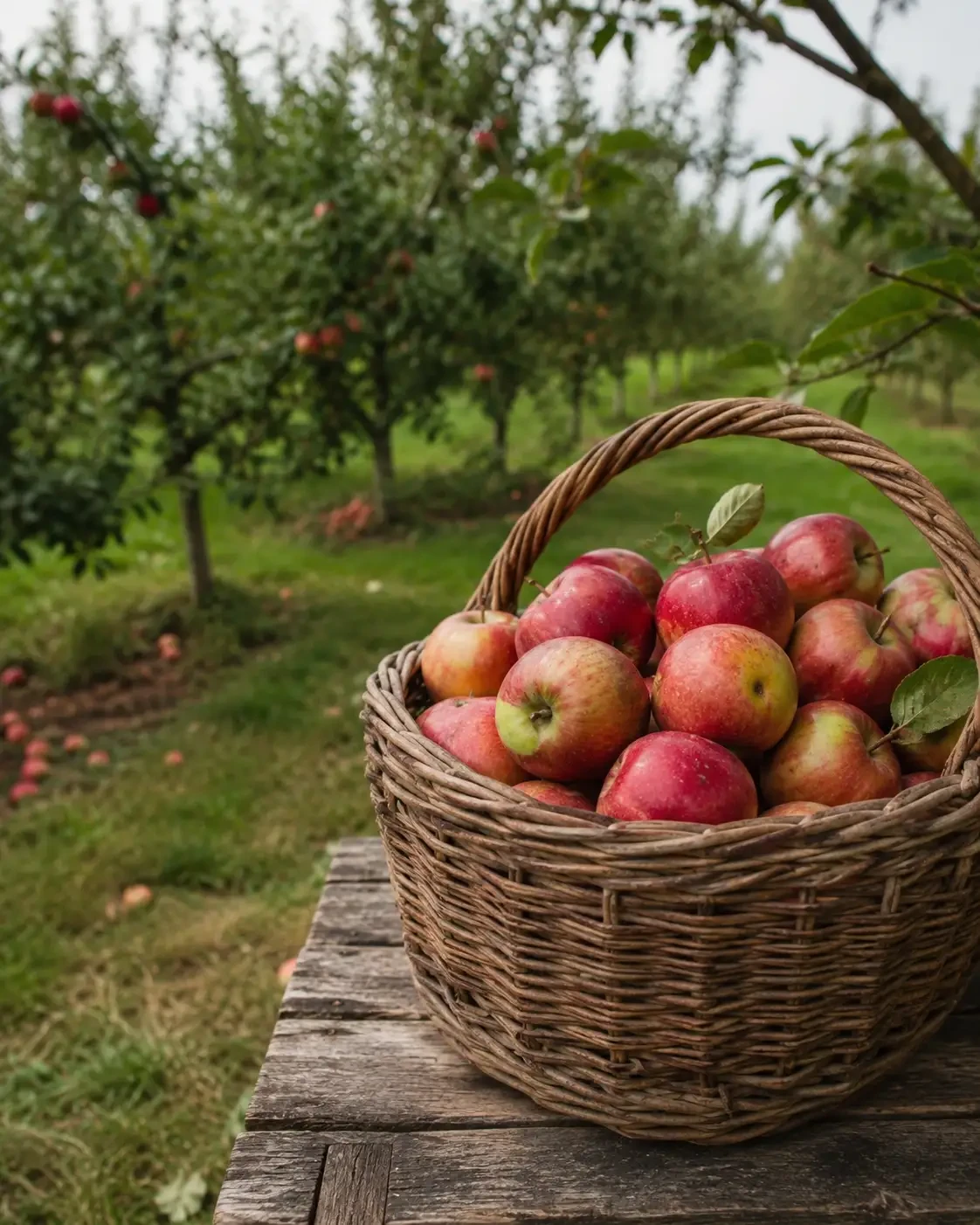 A basket of red apples beside trees in an orchard