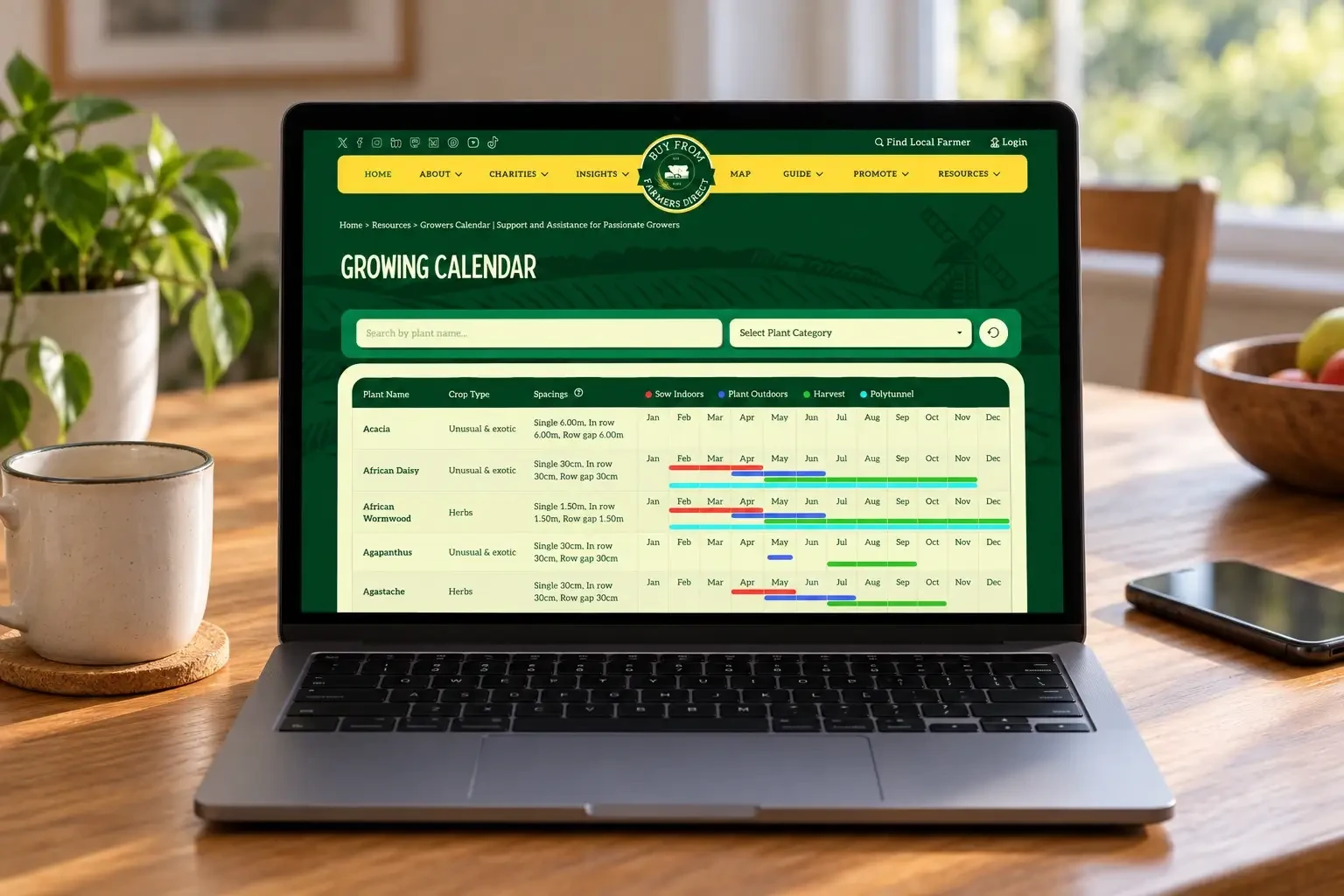 The BFFD growing calendar displayed on a laptop