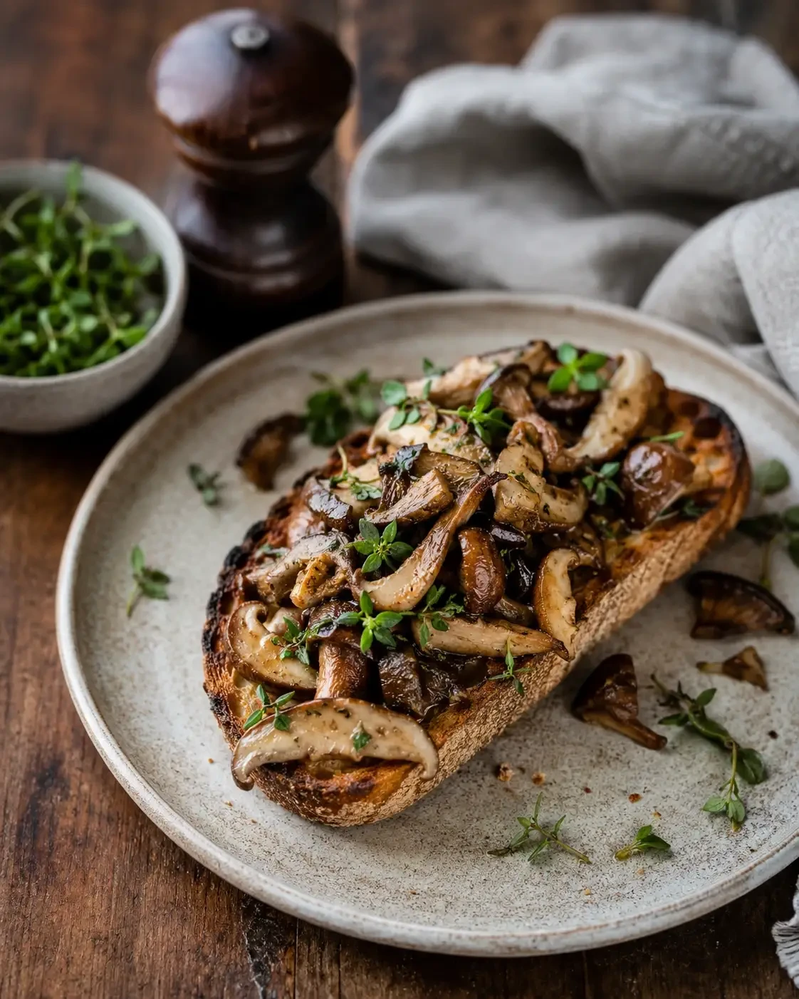 Toast topped with cooked mushrooms and chopped herbs