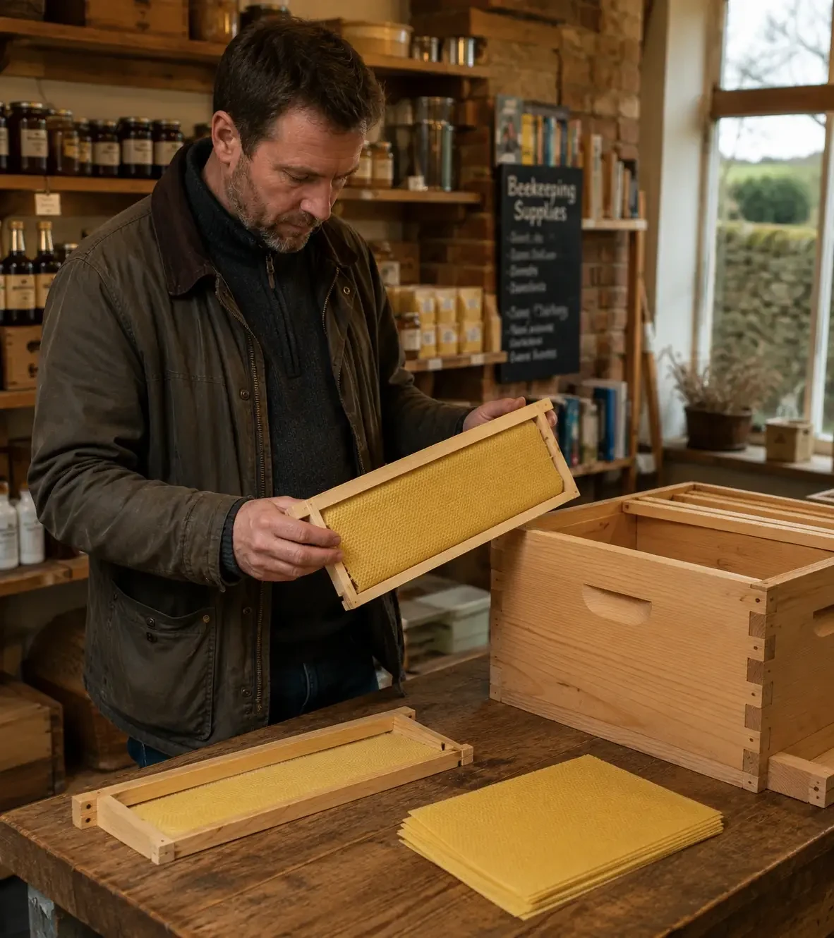 Man inspecting a beehive frame in a beekeeping supply shop