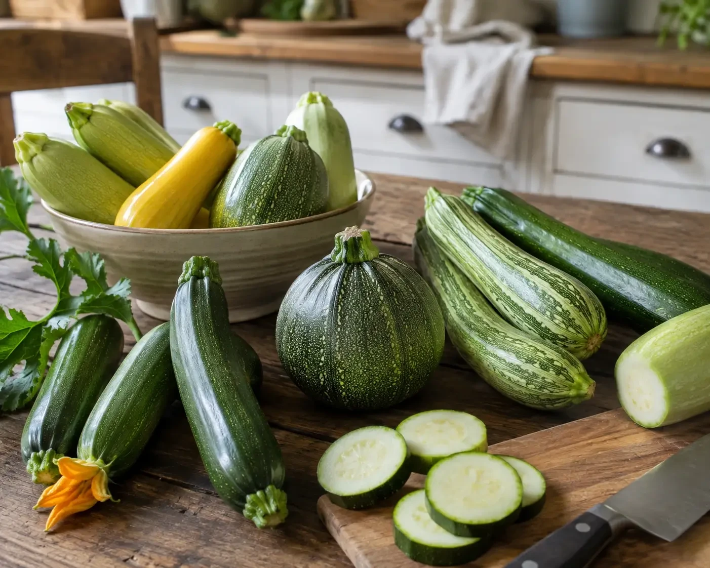 Whole and sliced courgettes arranged on a kitchen table