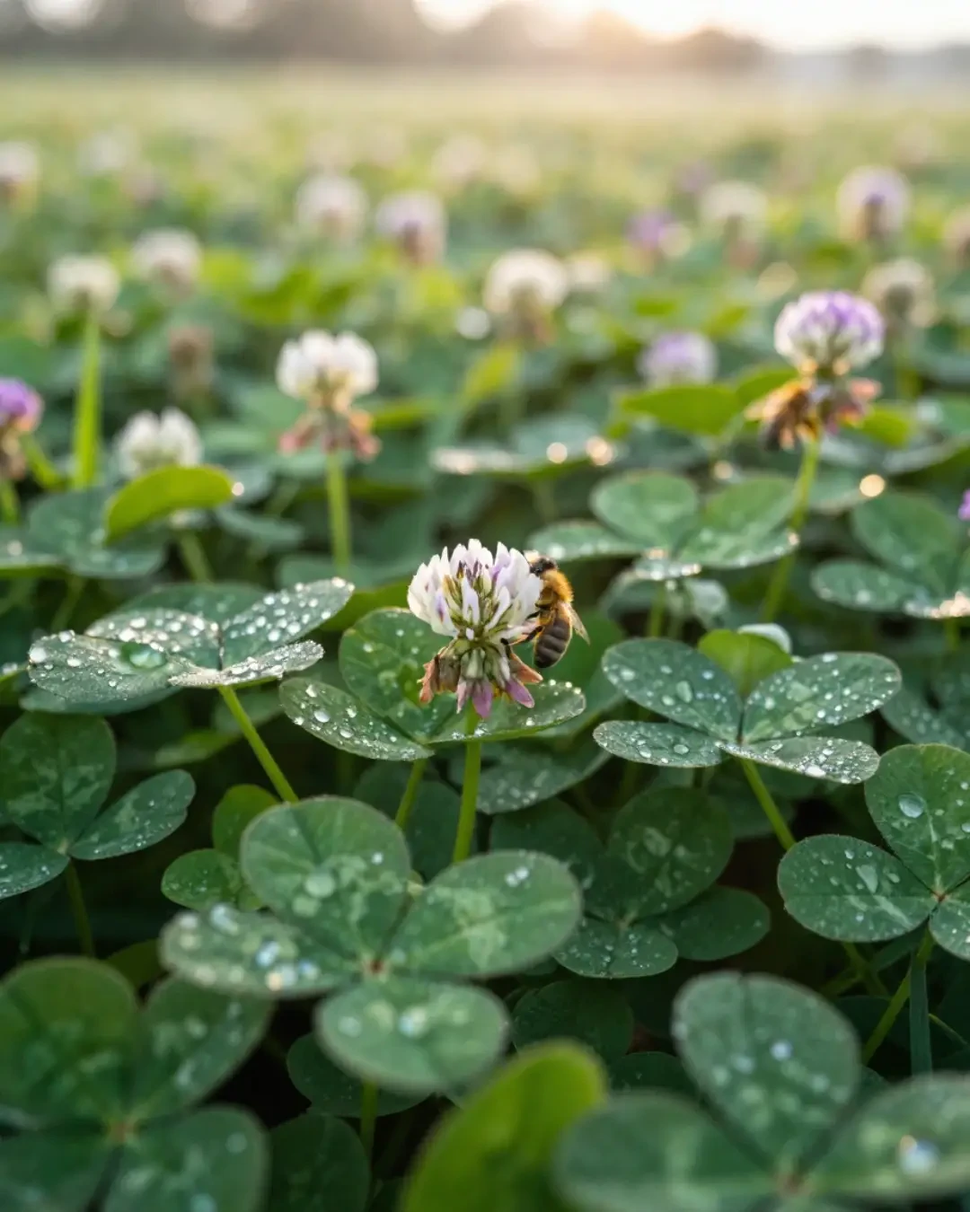 Dew-covered clover leaves and white flowers