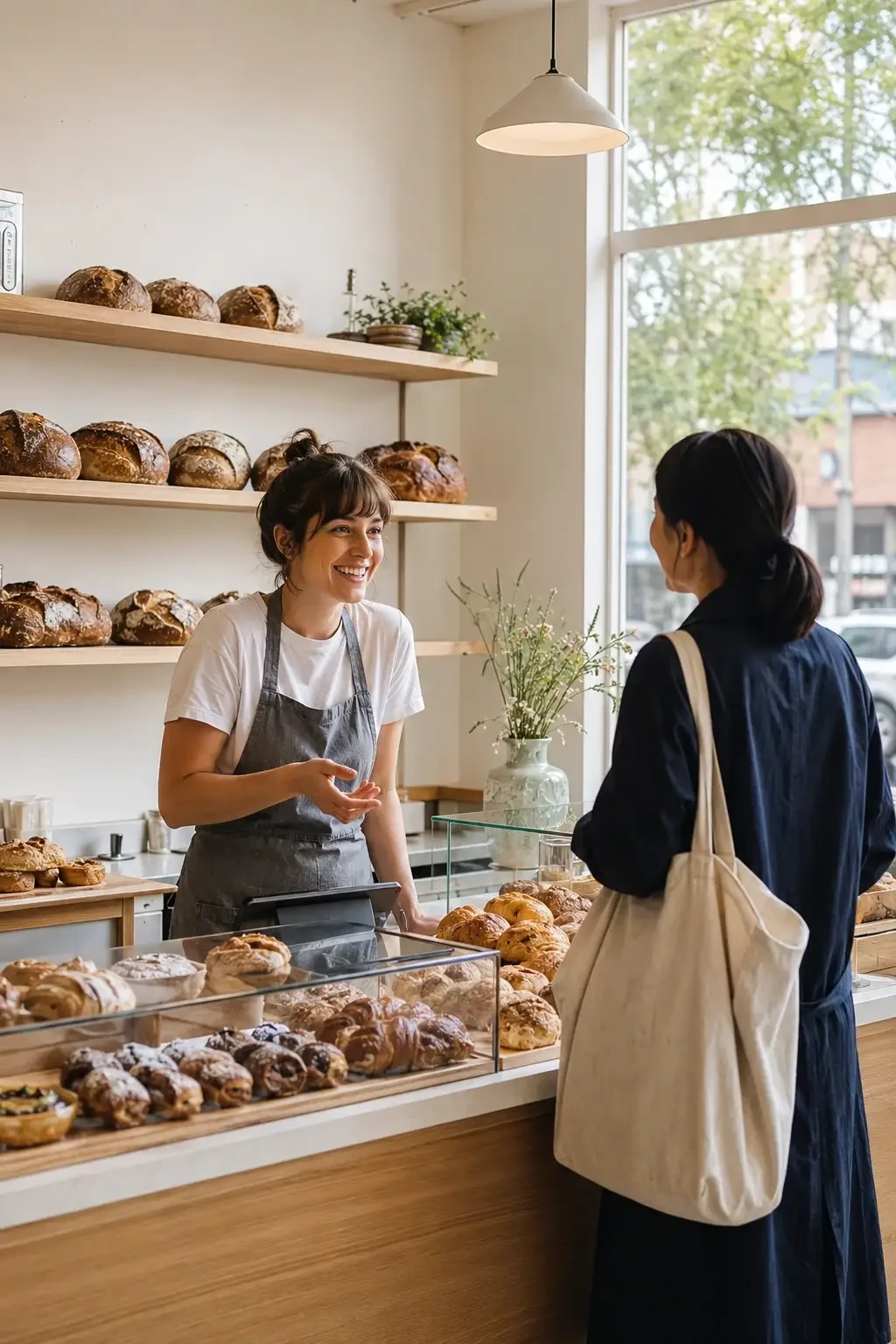 A bakery worker serving a customer at the counter