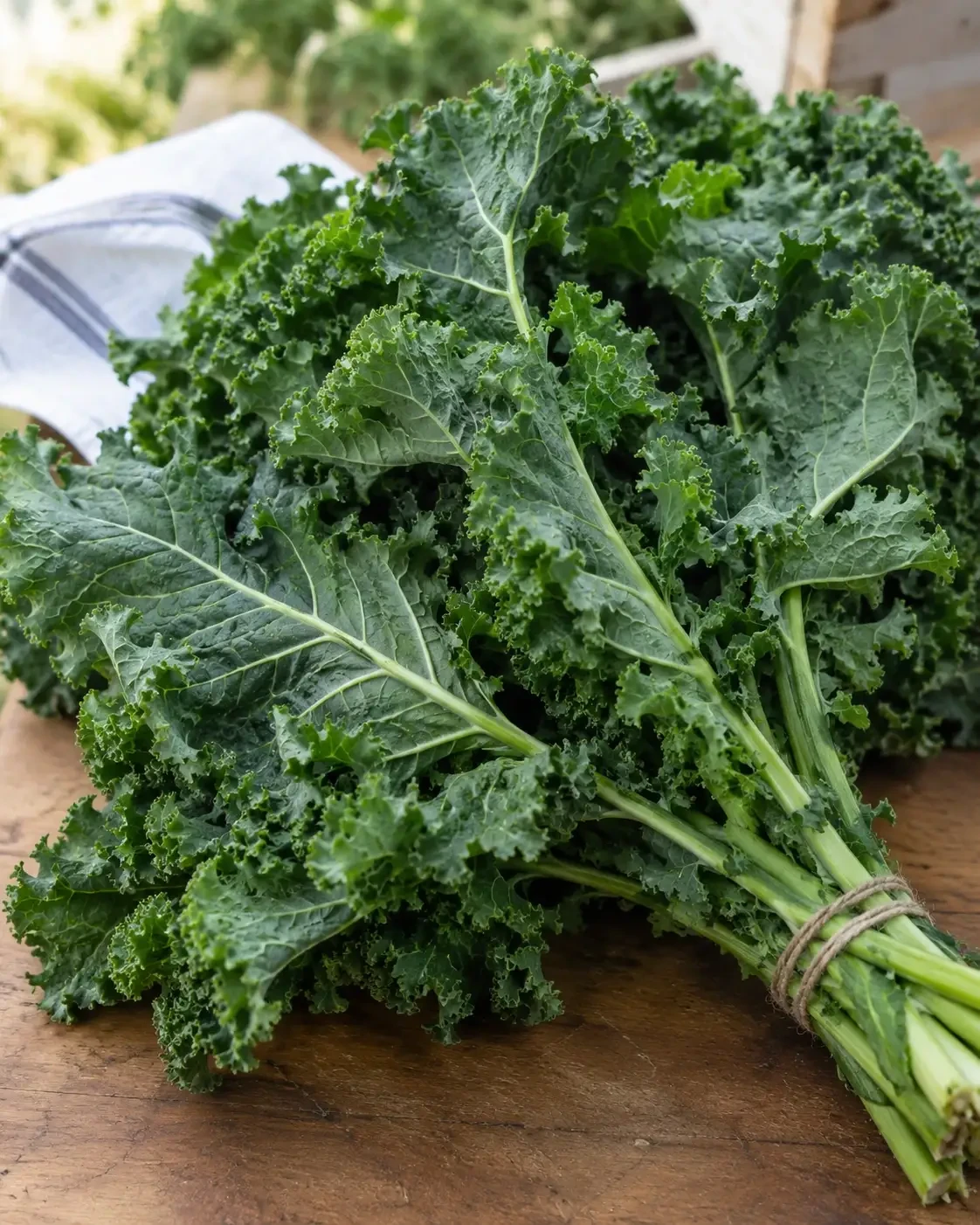 A bunch of curly green kale on a wooden surface