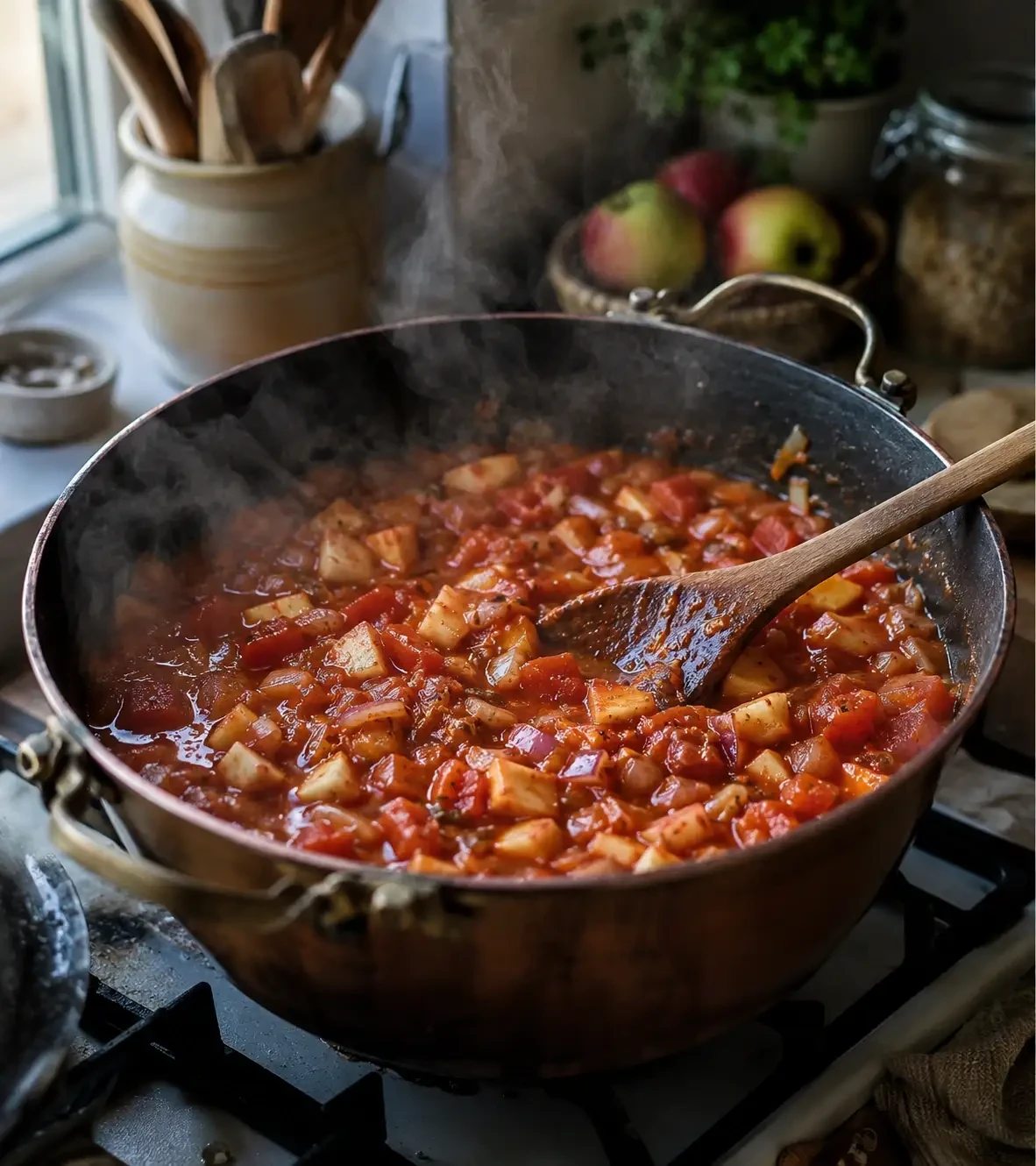 Tomato chutney simmering in a pan with a wooden spoon