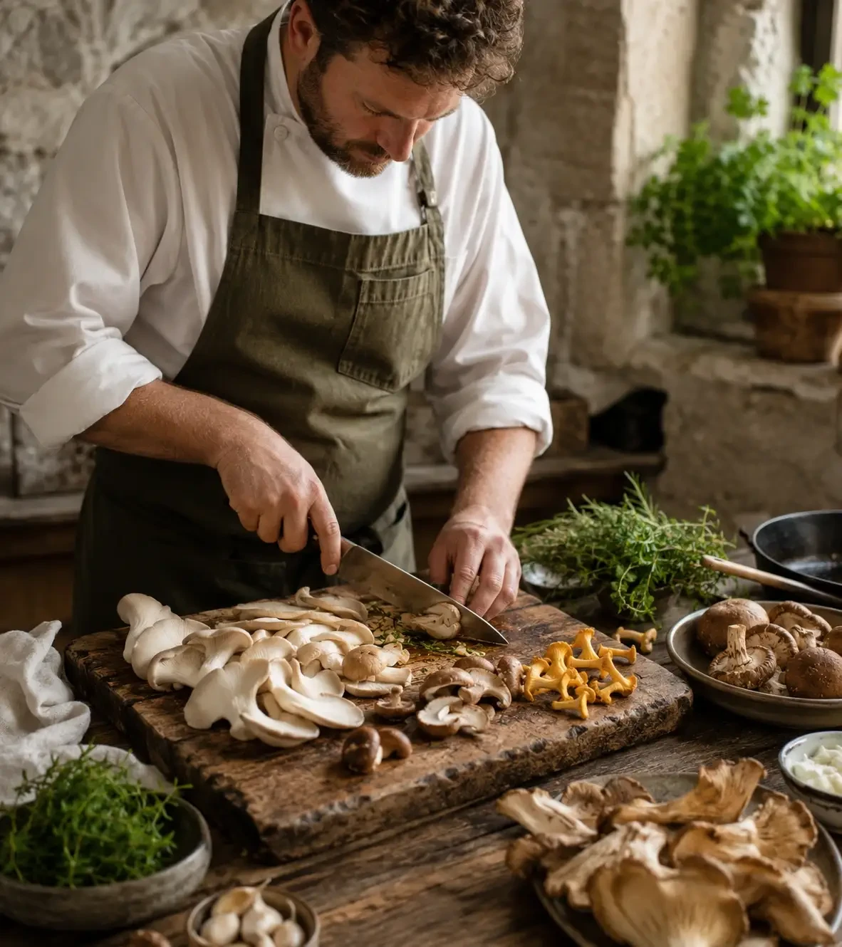 A cook preparing an assortment of mushrooms on a chopping board