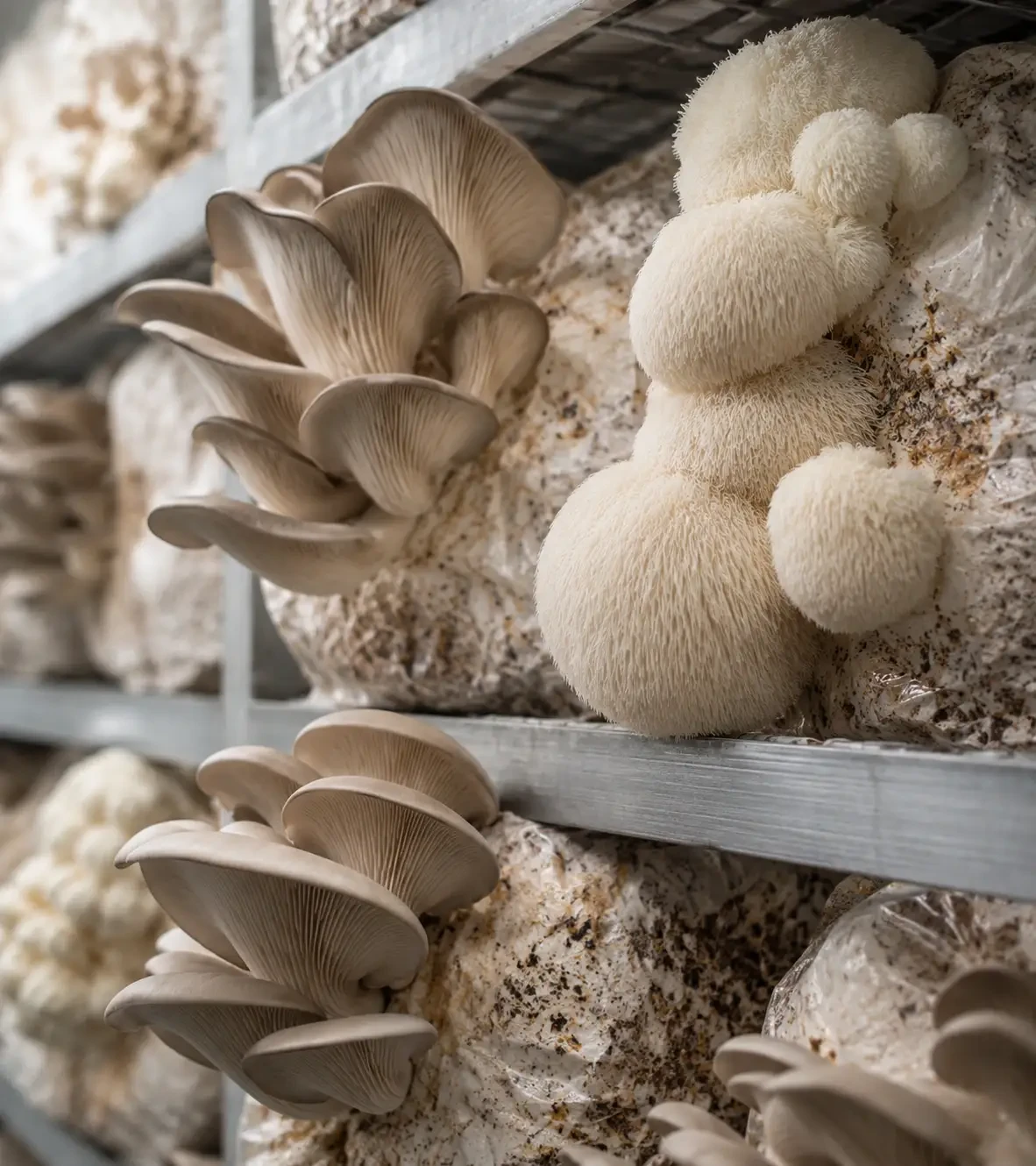 Clusters of mushrooms growing from bags on shelves