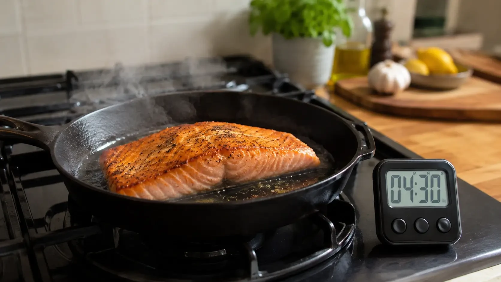 A salmon fillet cooking in a frying pan beside a kitchen timer