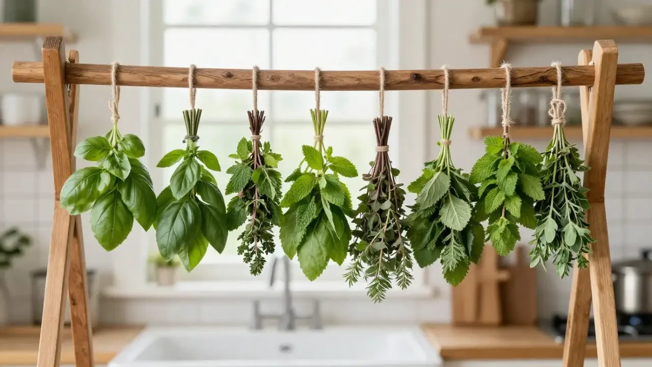 Bunches of herbs hanging from a wooden drying rack