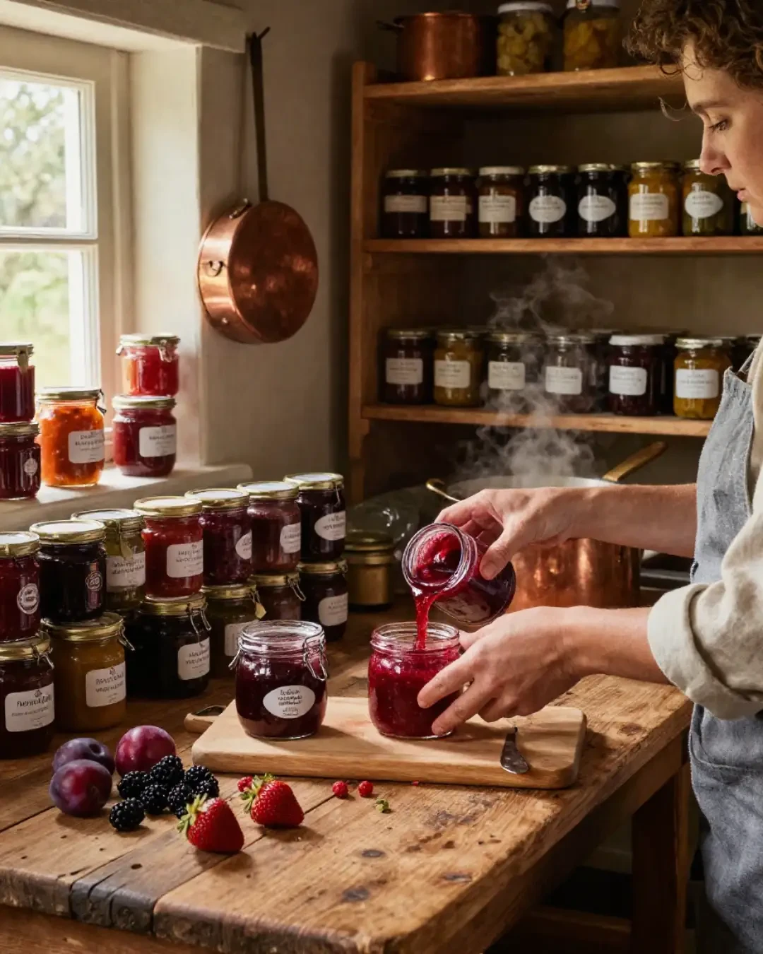 Person filling jars of preserves on a kitchen worktop