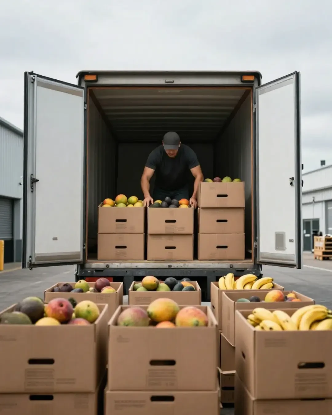 Worker handling boxes of fresh produce in an open lorry