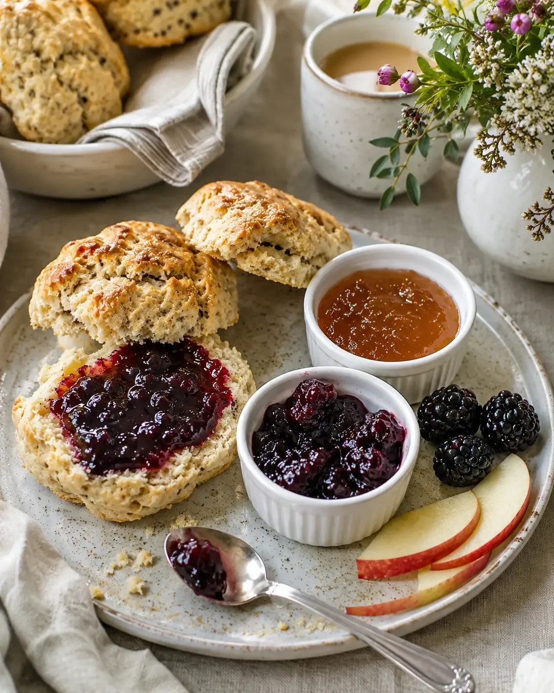 Scones served with fruit preserves, cream and sliced fruit