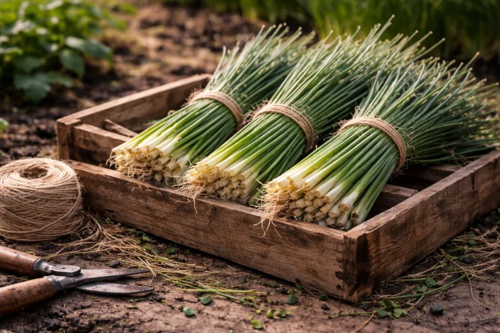 Bundles of slender spring onions in a wooden crate