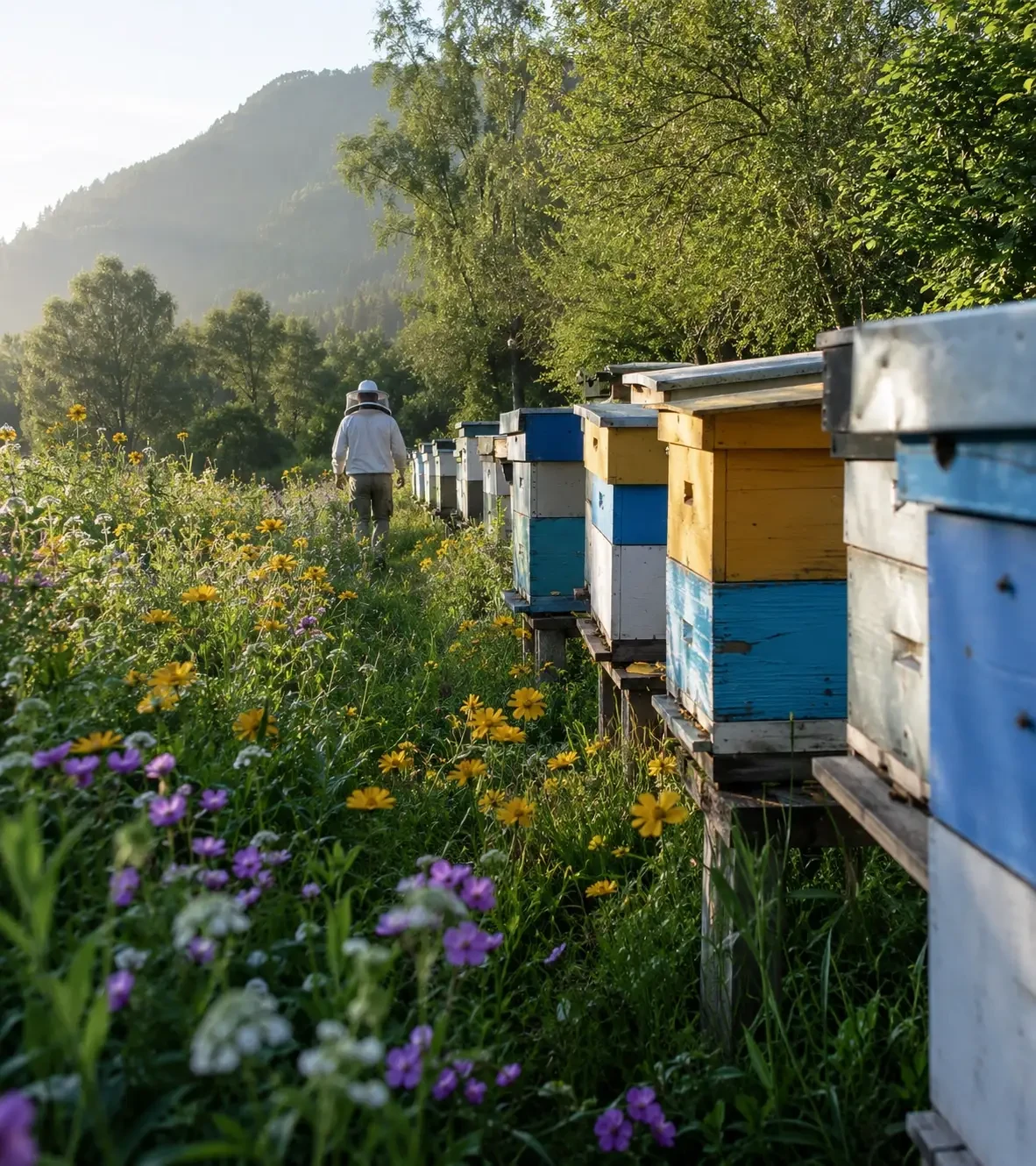 Painted wooden beehives beside wildflowers and trees