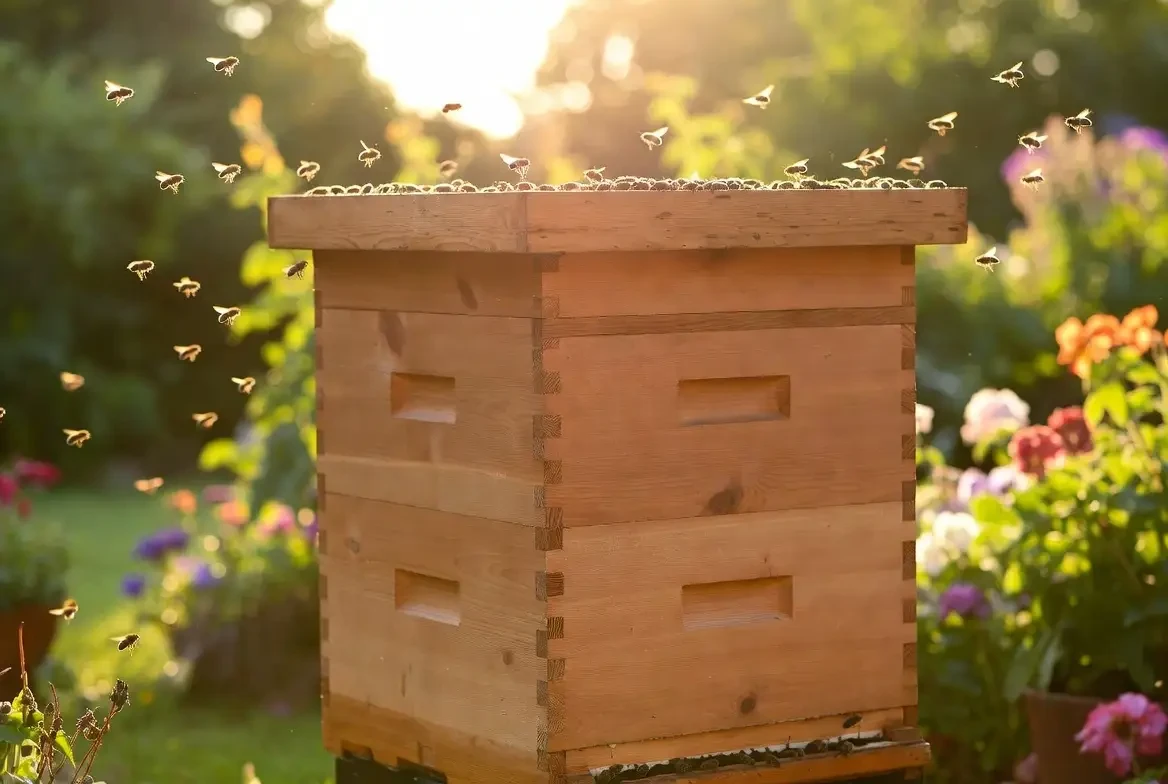 Honeybees flying around a wooden beehive in sunlight