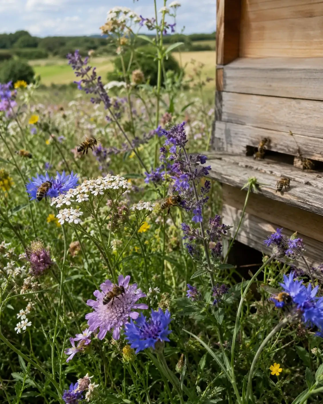 Wildflowers growing beside a wooden beehive