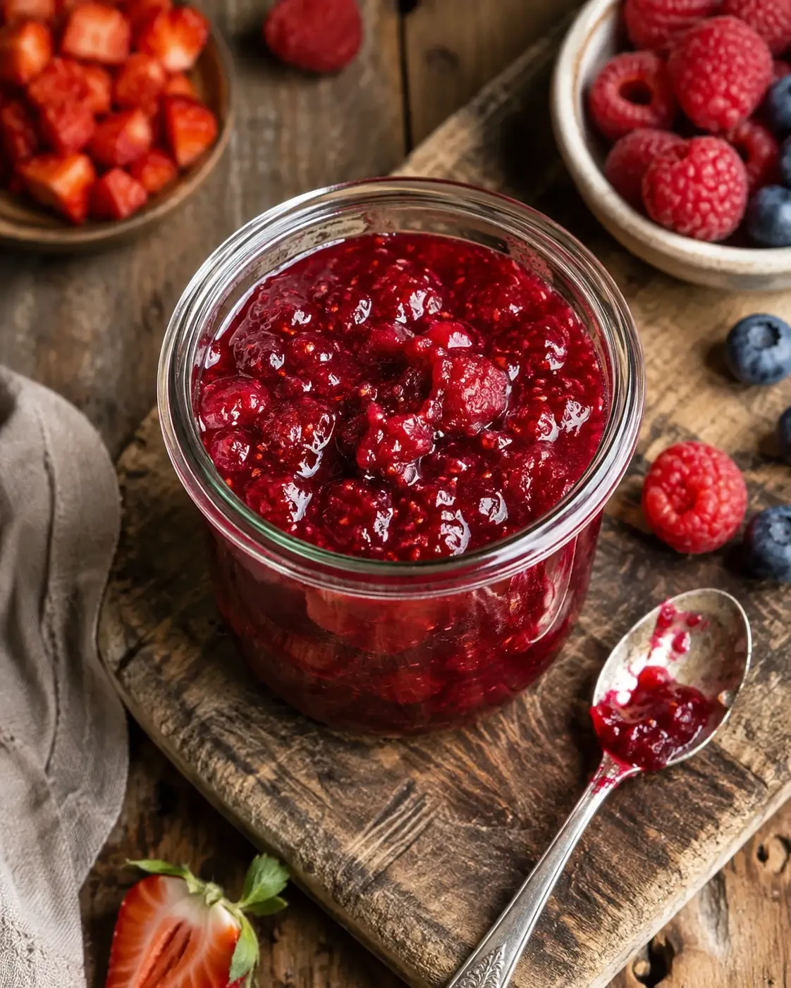 An open jar of chunky red berry jam with a spoon
