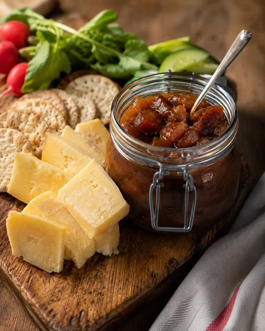 Cheese and crackers beside a jar of chutney on a wooden board