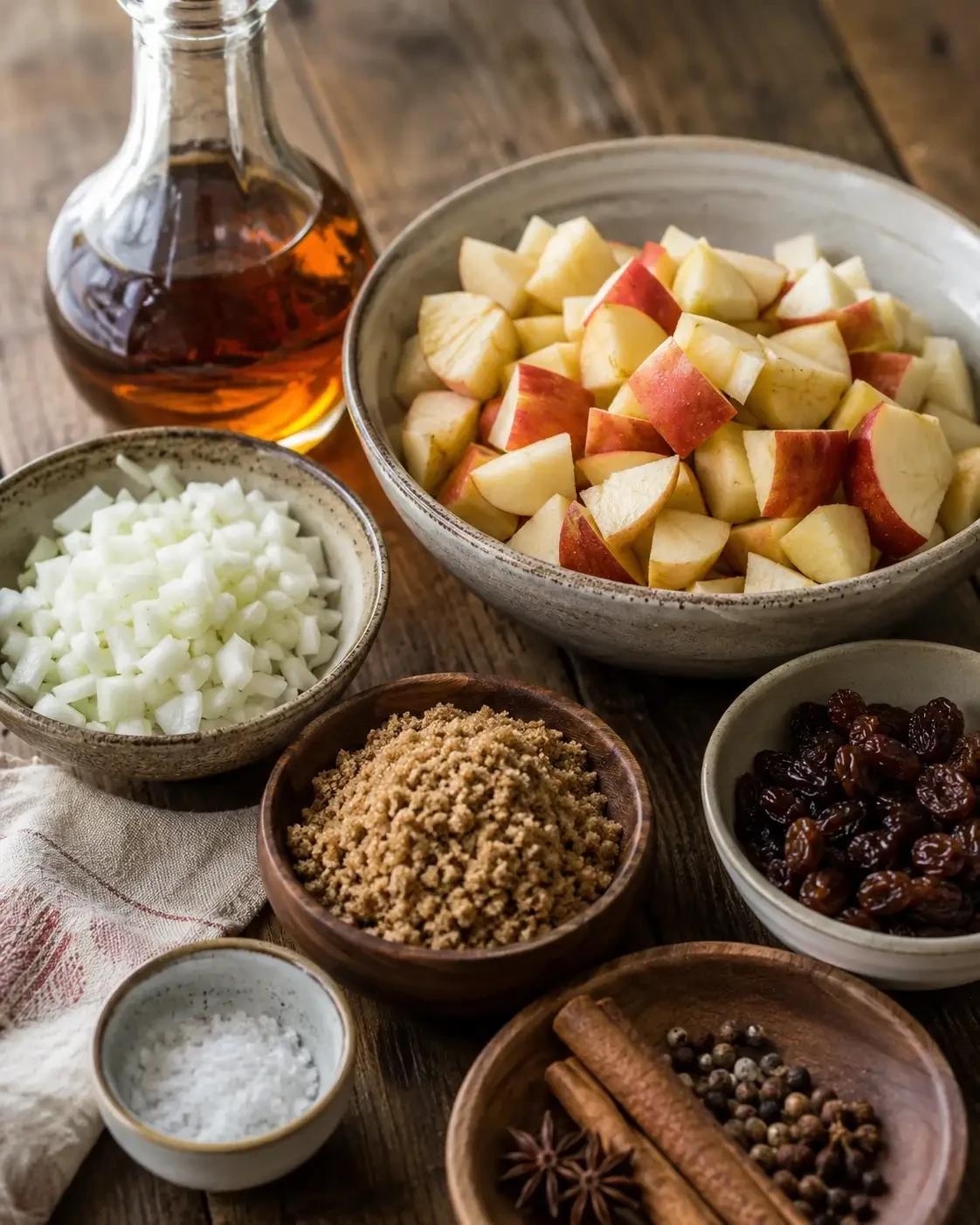 Chopped apples, onions, sugar, dried fruit and spices ready for chutney