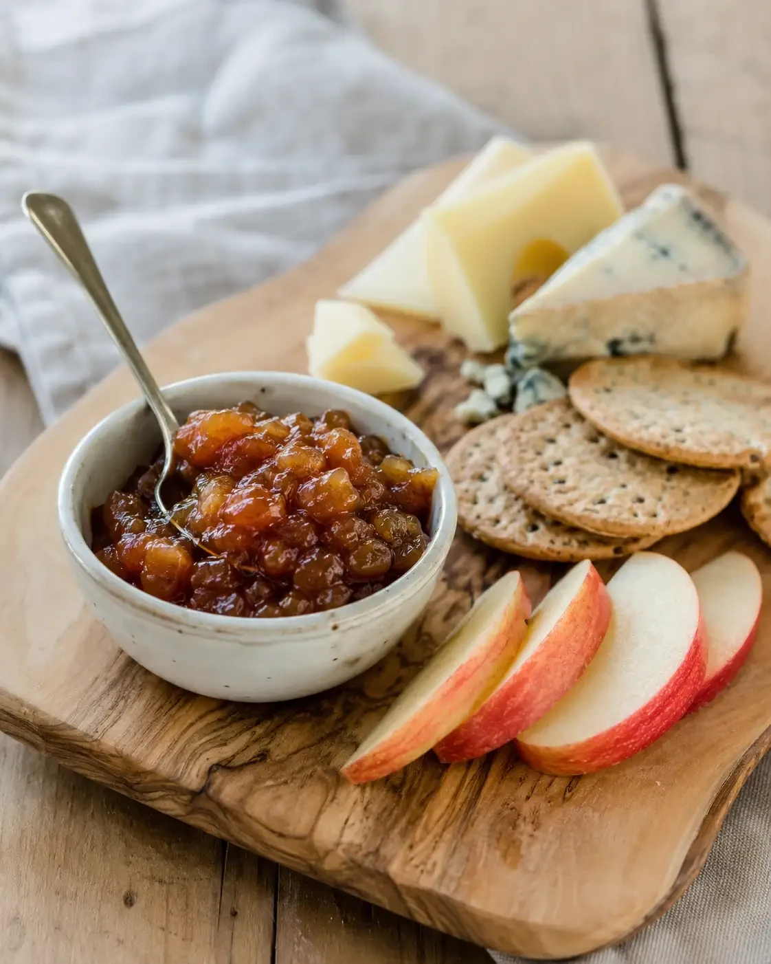 A bowl of chutney served with cheeses, crackers and sliced apple