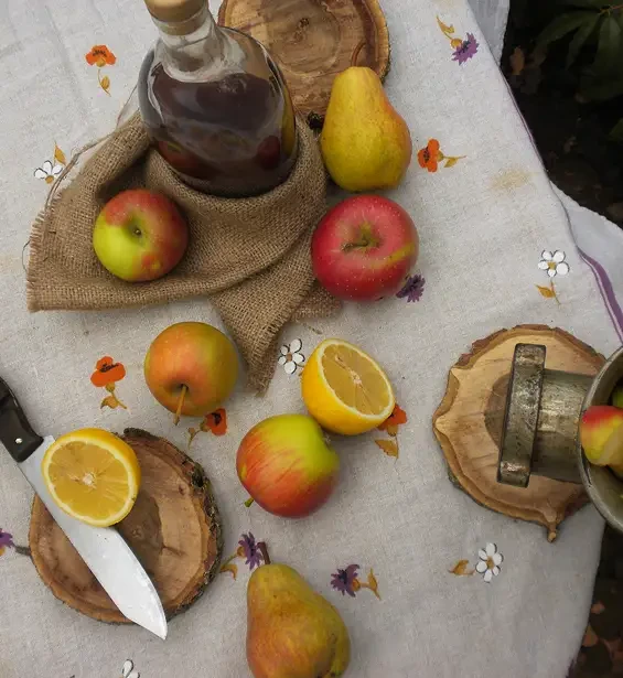 Apples, pears, lemon and a jug arranged on a rustic table