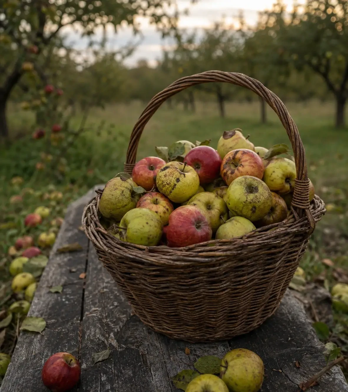 A wicker basket of apples on a weathered wooden surface