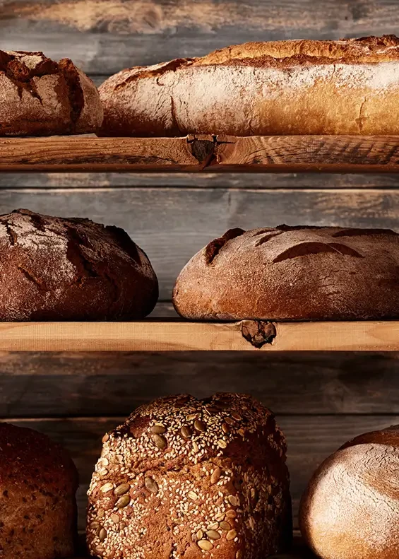 Freshly baked loaves arranged on bakery shelves