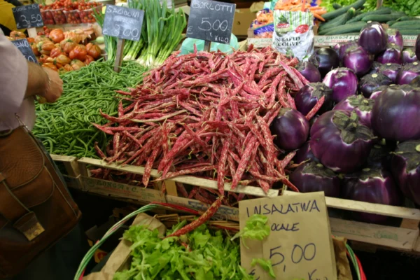 Borlotti bean pods displayed at a market stall