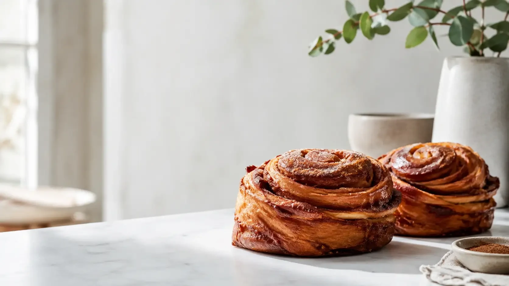 Two golden spiral pastries on a pale countertop