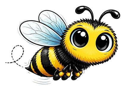 Cartoon bee with large eyes, yellow and black striped body, translucent wings and a dotted flight path