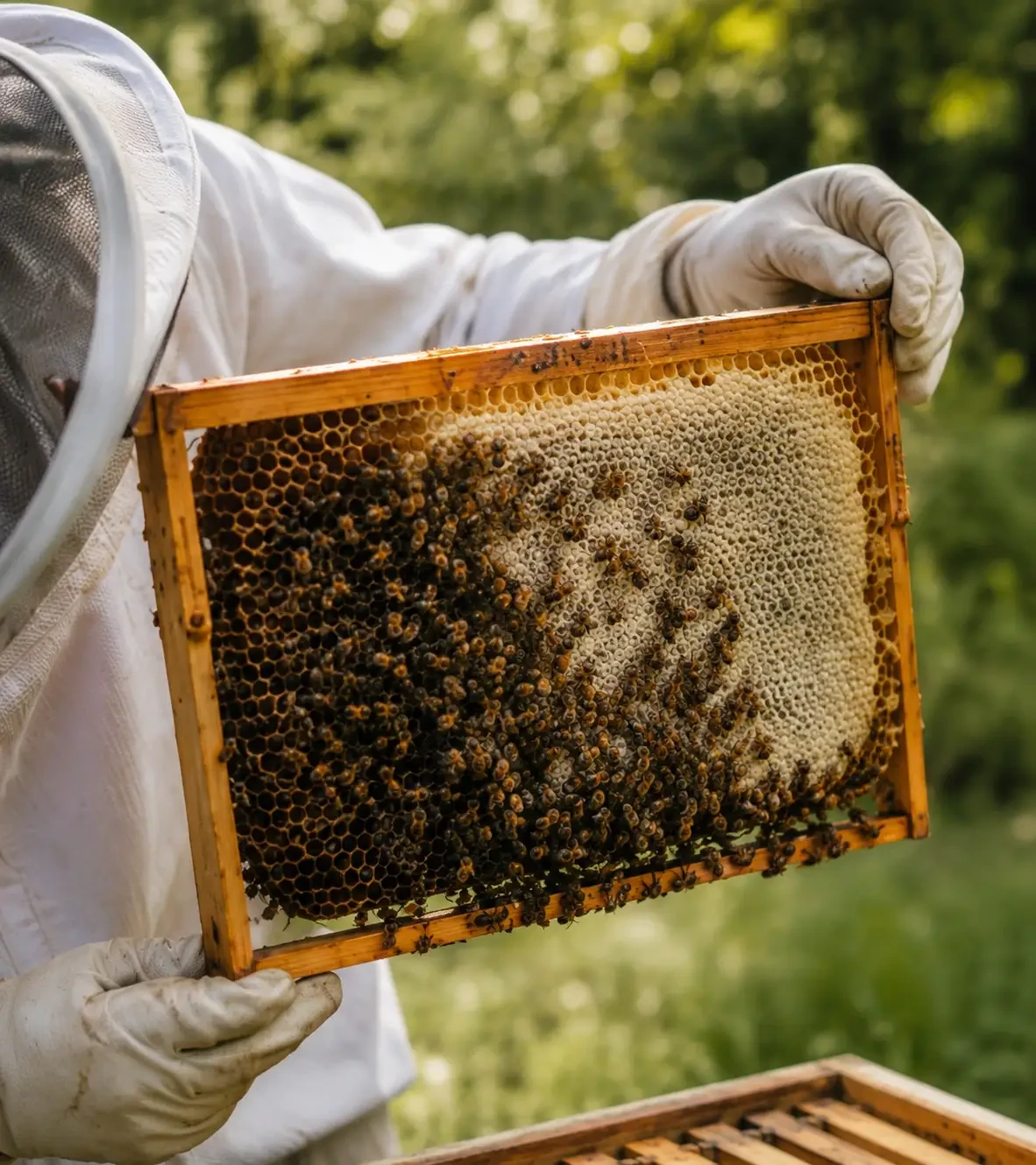 Beekeeper holding a honeycomb frame covered with bees