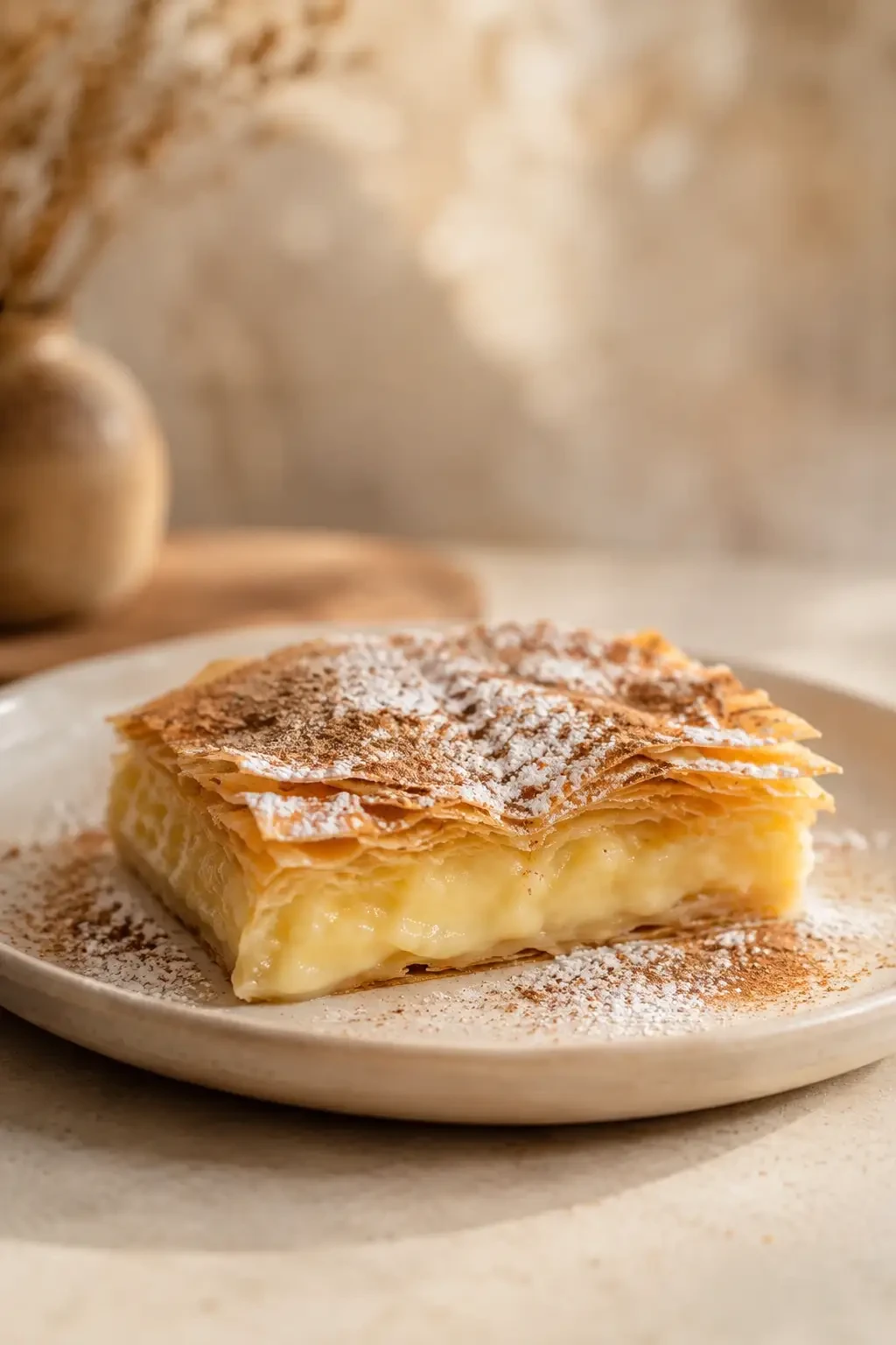 Slice of custard-filled pastry dusted with icing sugar