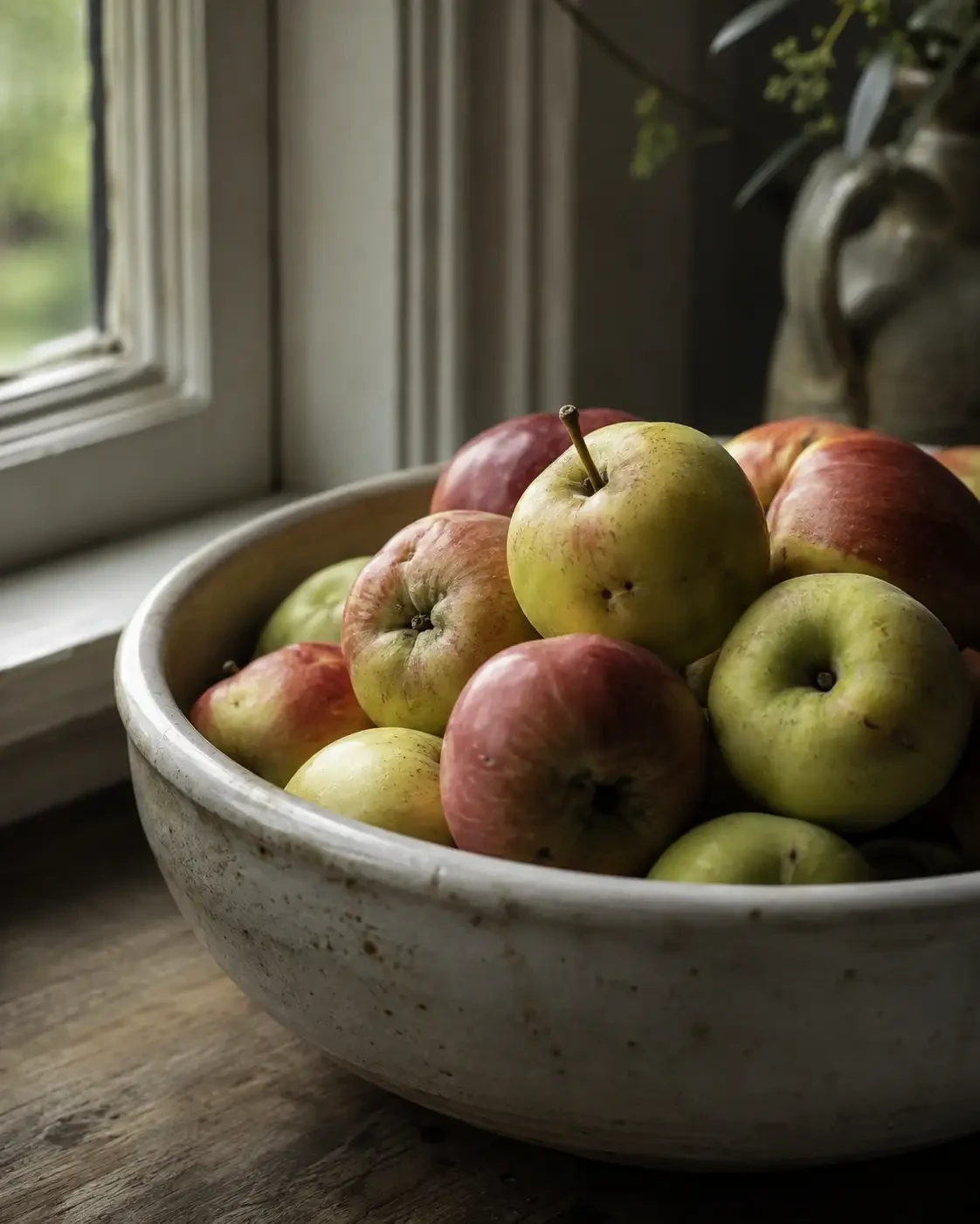 A bowl of red and green apples beside a window