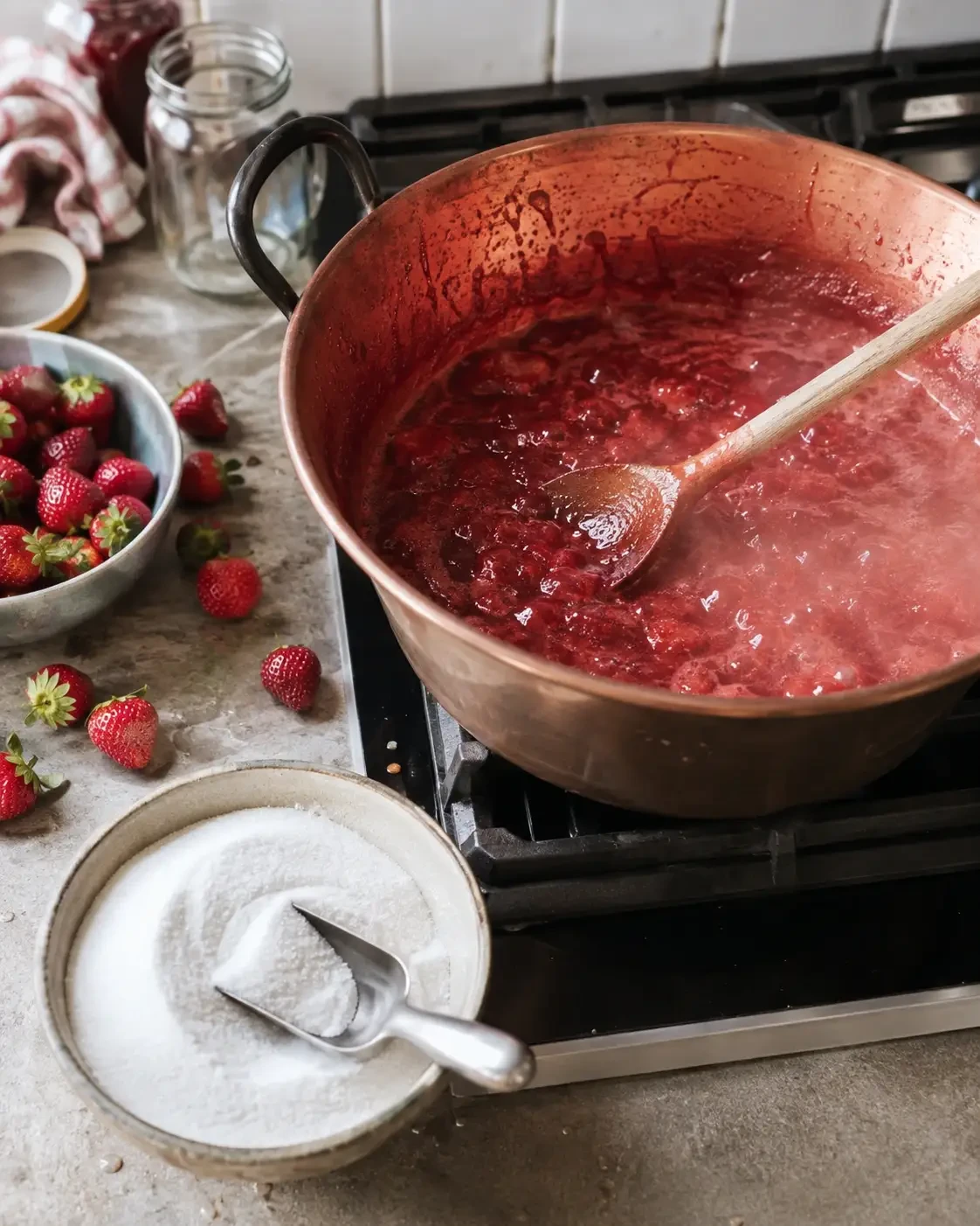 Fruit simmering in a copper pan beside a bowl of sugar