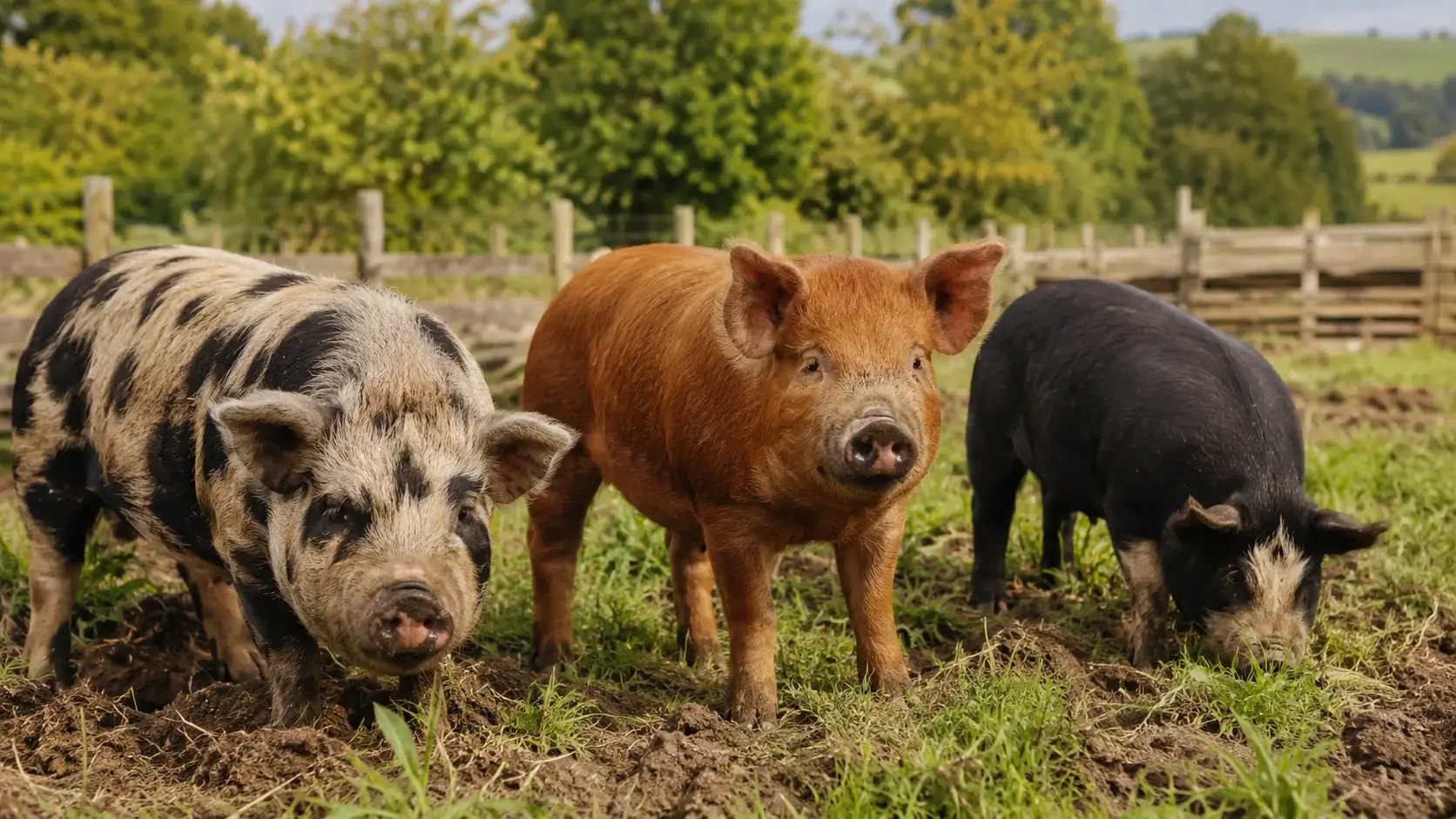 Spotted, brown and black pigs standing together outdoors
