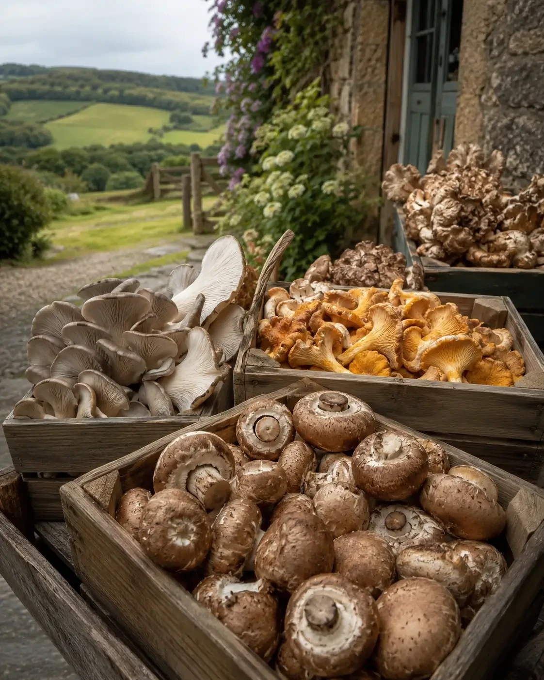Trays of fresh mushrooms displayed outside a stone building